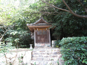 伊寶石神社のお社とその背後にあるいぼ石