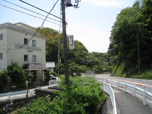 向って左側の建物はホテルジャパン下田社員寮、その西方の国道１３６号線沿いにいんぼ地蔵